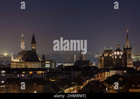 aachen city with town hall and cathedral at night Stock Photo