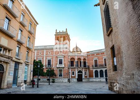 VALENCIA , SPAIN - DECEMBER 6, 2021: historical buildings in Valencia old town Stock Photo