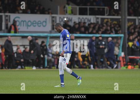 NEWPORT, UK. FEB 12TH Oldham Athletic's Dylan Bahamboula is sent off by referee Robert Lewis during the Sky Bet League 2 match between Newport County and Oldham Athletic at Rodney Parade, Newport on Saturday 12th February 2022. (Credit: Eddie Garvey | MI News) Credit: MI News & Sport /Alamy Live News Stock Photo