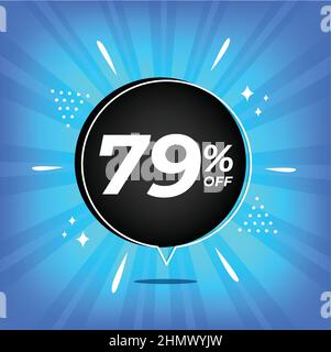 79% off. Blue banner with seventy-nine percent discount on a black balloon for mega big sales. Stock Vector