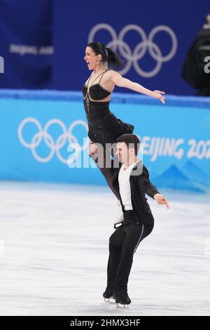 Beijing, China. 12th Feb, 2022. Charlene Guignard and Marco Fabbri of Italy, perform during the Figure Skating Ice Dance Rhythm competition in the Capital Indoor Stadium at the Beijing 2022 Winter Olympics on Saturday, February 12, 2022. Photo by Richard Ellis/UPI Credit: UPI/Alamy Live News Stock Photo