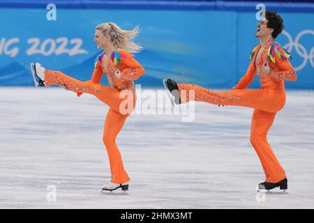 Beijing, China. 12th Feb, 2022. Piper Gilles and Paul Poirier of Canada, perform during the Figure Skating Ice Dance Rhythm competition in the Capital Indoor Stadium at the Beijing 2022 Winter Olympics on Saturday, February 12, 2022. Photo by Richard Ellis/UPI Credit: UPI/Alamy Live News Stock Photo