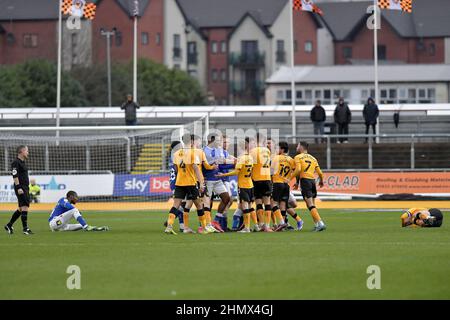 NEWPORT, UK. FEB 12TH Oldham Athletic's Dylan Bahamboula is sent off by referee Robert Lewis during the Sky Bet League 2 match between Newport County and Oldham Athletic at Rodney Parade, Newport on Saturday 12th February 2022. (Credit: Eddie Garvey | MI News) Credit: MI News & Sport /Alamy Live News Stock Photo