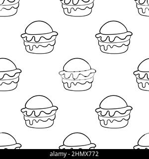 Black line doodle hamburger seamless pattern on white. Stock Vector