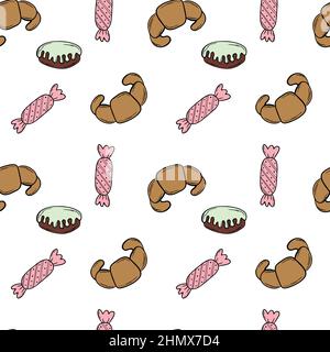 Bakery black doodle outline seamless pattern with pastry. Stock Vector