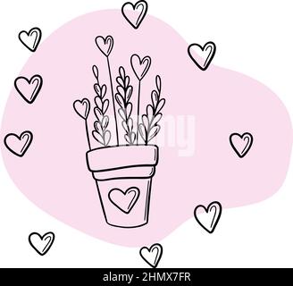 Valentines Day flowers set in pot with hearts. Stock Vector