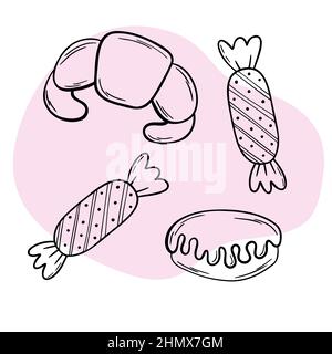 Bakery black doodle outline set with pastry. Cakes, donuts, buns, croissants and candies. Stock Vector