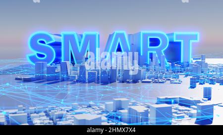 Glowing standing smart wording in urban city and futuristic technology concepts. 3D rendering. Stock Photo