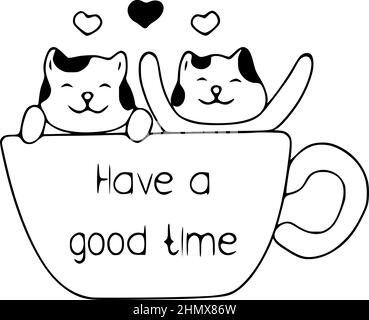 Happy cats and cup, have a good time hand drawn style, Cute cartoon funny  animal character Stock Vector Image & Art - Alamy