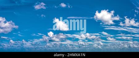 High resolution Panoramic background with blue day time sky and white clouds. Copy space. Stock Photo