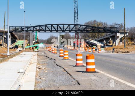 Horizontal shot of a new pedestrian bridge under construction. Stock Photo
