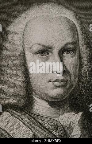 Ferdinand VI (1713-1759). King of Spain (1746-1759). Bourbon dynasty. Portrait. Engraving by Masson. Lithographed by Magín Pujadas. Detail. 'Historia General de España', by Modesto Lafuente. Volume IV. Published in Barcelona, 1879. Author: Antoine Masson (1636-1700). French artist. Stock Photo