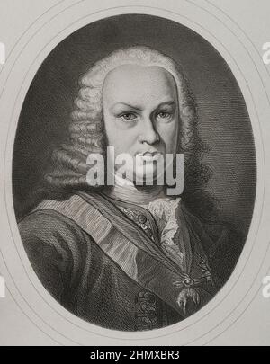 Ferdinand VI (1713-1759). King of Spain (1746-1759). Bourbon dynasty. Portrait. Engraving by Masson. Lithographed by Magín Pujadas. 'Historia General de España', by Modesto Lafuente. Volume IV. Published in Barcelona, 1879. Author: Antoine Masson (1636-1700). French artist. Stock Photo