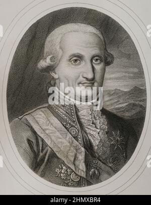 Charles IV (1748-1819). King of Spain (1788-1808), so-called el Cazador (the Hunter). Portrait. Engraving by Masson. Lithographed by Magín Pujadas. Historia General de España, by Modesto Lafuente. Volume IV. Published in Barcelona, 1879. Author: Antoine Masson (1636-1700). French artist. Stock Photo