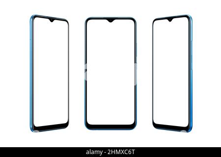 Isolated blue modern smartphone with blank screen for mockup in three positions Stock Photo
