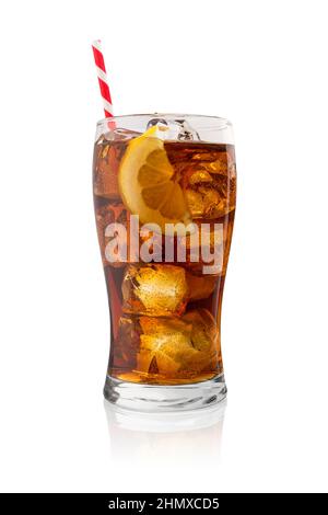 Glass of cola with ice, lemon and straw on a white background Stock ...