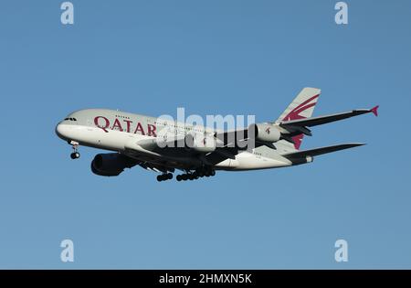 Qatar Airways Airbus A380 aircraft, approaching Heathrow airport, London, UK, in January, 2022.