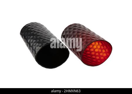Handmade glass vases. Set of various hand painted glass bottles isolated on white background. Colorful and neat design of the stain glass vase. Stock Photo