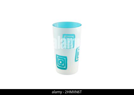 Handmade glass vases. Set of various hand painted glass bottles isolated on white background. Colorful and neat design of the stain glass vase. Stock Photo