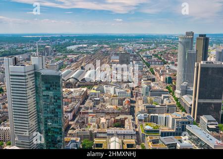 Frankfurt Germany, high angle view city skyline at business center and Frankfurt Main Station Stock Photo