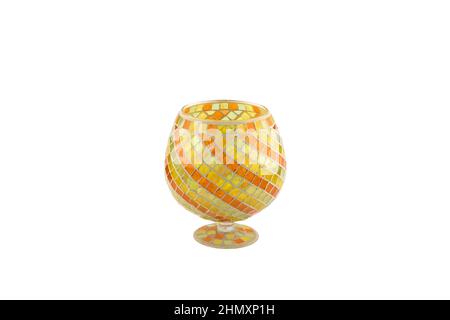 Handmade glass vases. Set of various hand painted glass bottles isolated on white background. Colorful and neat design of the stain glass vase. Stock Photo
