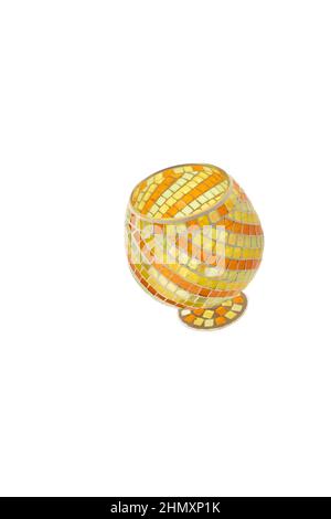 Handmade glass vases. Set of various hand painted glass bottles isolated on white background. Colorful and neat design of the stain glass vase. Stock Photo