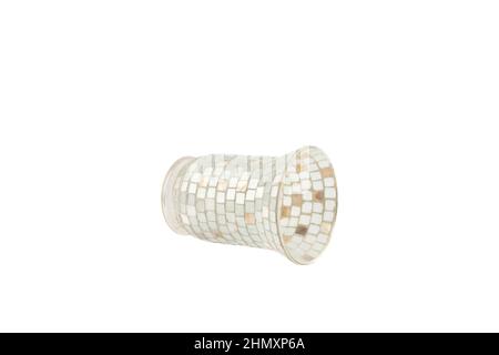 Handmade glass vases. Set of various hand painted glass bottles isolated on white background. Colorful and neat design of the stain glass vase. Stock Photo