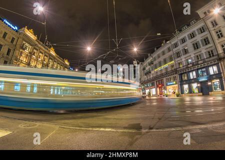 Zurich, Switzerland - May 15, 2017: night city skyline and tram at Paradeplatz Stock Photo