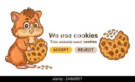 Website use cookies tracking, accept web data security policy. Cute hamster character bite sugar biscuit. Internet protection personal data. Vector Stock Vector