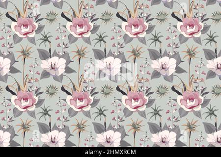 Vector floral seamless pattern. Pink and white pastel flowers, gray leaves on a light gray background. Stock Vector