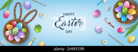 Happy easter banner with decorated eggs in the nest, brushes, tempera tubes and flowers Stock Vector