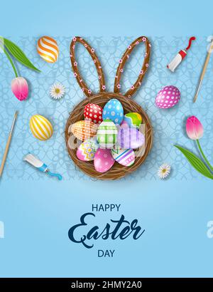 Happy easter poster with decorated eggs in the nest, brushes, tempera tubes and flowers Stock Vector