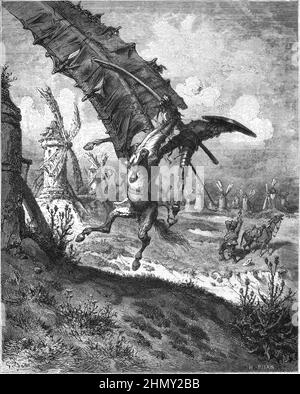 The windmill scene from Don Quijote, by Gustave Doré Stock Photo