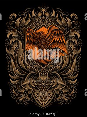 Illustration vector Eagle bird with vintage engraving ornament on black background Stock Vector