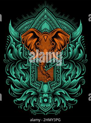 Illustration vector Elephant head with vintage engraving ornament on black background Stock Vector