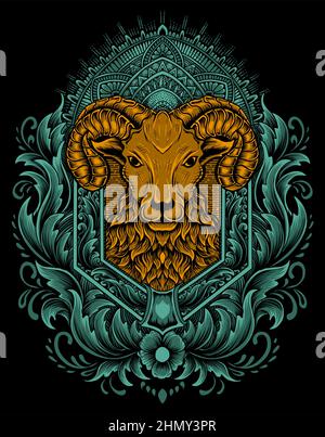 Illustration vector Sheep's head with vintage engraving ornament on black background Stock Vector