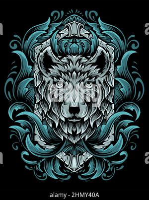 Illustration vector wolf head with vintage engraving ornament on black background Stock Vector