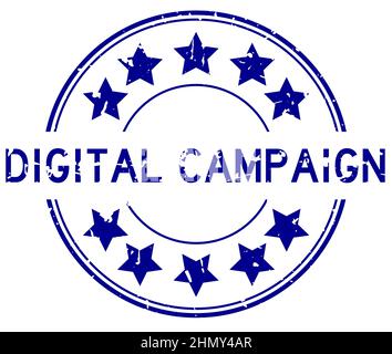 Grunge blue digital campaign word with star icon round rubber seal stamp on white background Stock Vector