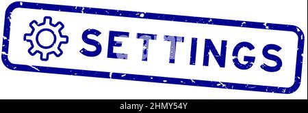 Grunge blue settings word with gear or cogwheel icon square rubber seal stamp on white background Stock Vector