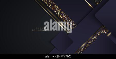 3D modern luxury template design purple triangles and golden glitter stripes line light sparking on black background. Vector graphic illustration Stock Vector