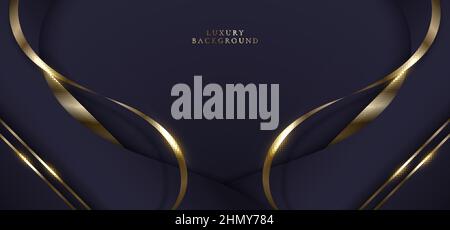 Elegant 3D abstract background dark purple curved shape with golden ribbon lines and space for your text. Luxury style. Vector illustration Stock Vector