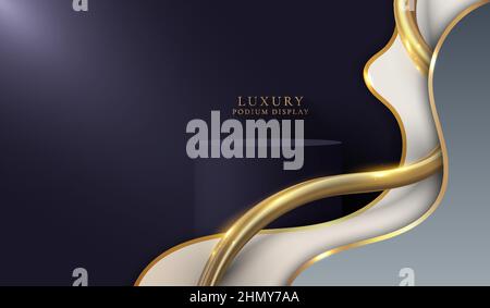 3D realistic luxury podium platforms display with white and grey wave shape and golden glitter curved line light sparking on on dark purple background Stock Vector