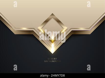 3D modern luxury template design shiny golden glitter geometric with square frame and line light sparking on black background. Vector graphic illustra Stock Vector