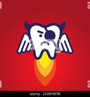 an evil tooth with wings flies up like a rocket from intense pain Stock Vector