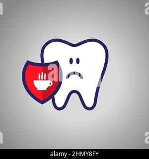 sad tooth, dentistry, oral hygiene. Red shield with the symbol of a bowl of tea or coffee Stock Vector