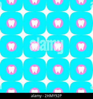 Seamless pattern with a white tooth in a pink circle on a blue background and with white stars Stock Vector