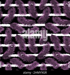 Purple Feather Pattern on Stripe Background Stock Vector