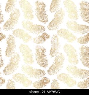 Gold Peacock Feather Seamless Pattern on White Background Stock Vector