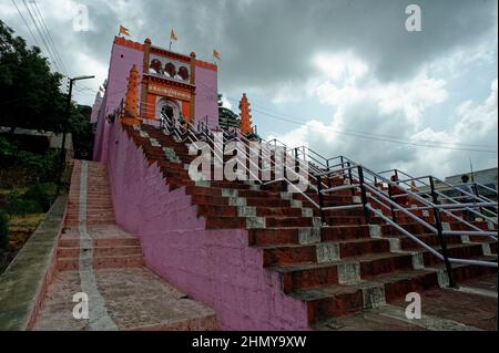 High and lofty staircase of Goddess Matsyodari Devi Temple at Ambad Jalna state Maharashtra India Stock Photo