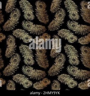 Gold Peacock Feather Seamless Pattern on Black Background Stock Vector